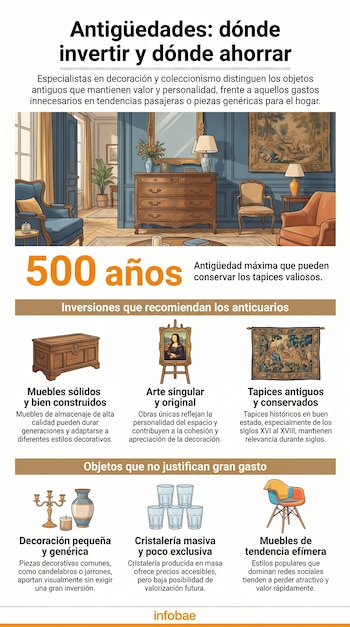 Infografía "Antigüedades: dónde invertir y dónde ahorrar" con un salón de estilo clásico y seis ilustraciones de muebles, arte, tapices y objetos decorativos.