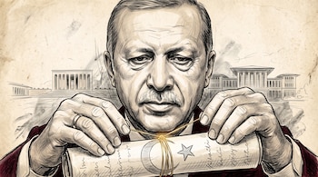 Dibujo de Recep Tayyip Erdogan sujetando un pergamino con el símbolo turco sobre un fondo de edificios.