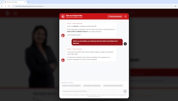 Captura de pantalla de navegador web con el sitio JNE Voto Informado. Se observa un chatbot sobre Keiko Fujimori y su información de nacionalidad y nacimiento