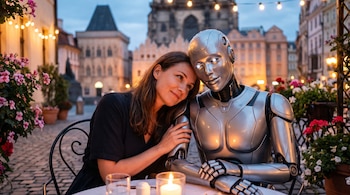 Una mujer y un robot humanoide plateado están sentados frente a una mesa con una vela encendida en una plaza empedrada.