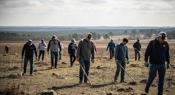 Varias personas, algunas con gorras y herramientas largas, caminan sobre un terreno seco y llano con vegetación escasa y cielo nublado.