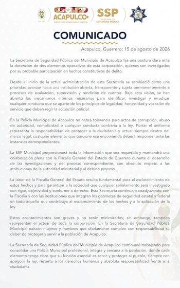 Comunicado de la Secretaría de Seguridad Municipal tras las detenciones de los elementos de la corporación. Crédito: SSP Acapulco