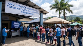 Personas en fila bajo un letrero de la ONU sobre "Atención Humanitaria y Regularización para Migrantes y Refugiados" en San José, Costa Rica, con palmeras y montañas.