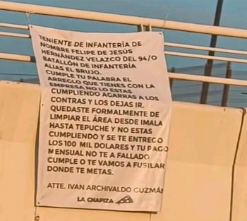 Esta sería la manta que apareció la mañana de este jueves sobre la avenida Álvaro Obregón, una de las principales vialidades de la capital sinaloense. (Crédito: X | @JLMNoticias)