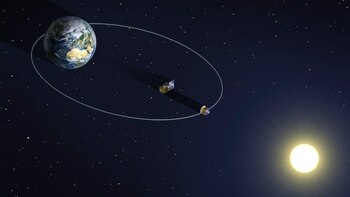 Dos satélites, el Occulter Spacecraft y el Coronagraph Spacecraft, trabajarán en sincronización para bloquear la luz solar y capturar imágenes detalladas de la corona (European Space Agency)
