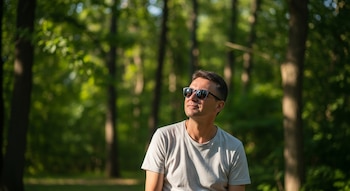 Hombre adulto de mediana edad con gafas de sol y camiseta clara, mirando hacia arriba, con un fondo desenfocado de árboles verdes en un bosque.