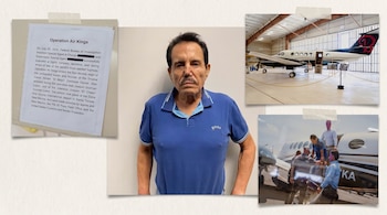 Retrato de Ismael 'El Mayo' Zambada, documento de 'Operation Air Kings', fotografía de un avión en hangar y otra de personas descendiendo de un avión.