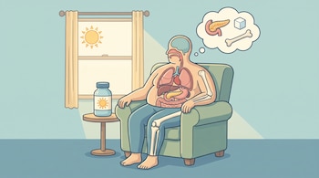 Hombre obeso sentado en un sillón con órganos internos y esqueleto visibles. Botella de vitamina D en una mesa. Ventana con sol. Nube de pensamiento con páncreas, azúcar y hueso.