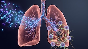 Representación 3D de pulmones humanos con partículas azules y moradas entrando por los bronquios hacia un tumor oscuro, rodeado por células inmunitarias y señales luminosas.