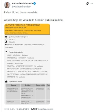 Katherine Miranda afirmó que, según registros de Función Pública, el presidente no habría finalizado algunos programas de posgrado - crédito @KatheMirandaP/X