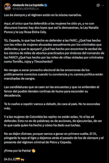 La familia Cely critica a Abelardo de la Espriella por atribuirse el impulso de leyes contra feminicidios que no fueron obra suya - crédito @ABDELAESPRIELLA/X