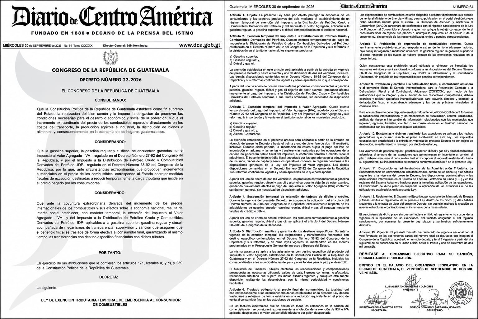 El Diario de Centro América publica el Decreto 22-2026 del Congreso de la República de Guatemala, que establece la exención tributaria temporal al consumidor de combustibles. (Imagen Ilustrativa Infobae)