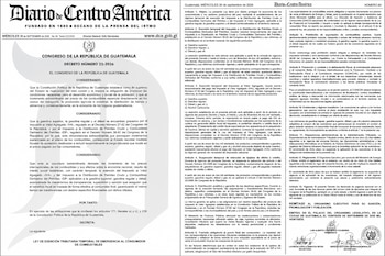 Página impresa del Diario de Centro América con el Decreto 22-2026 sobre la exención tributaria temporal a los combustibles en Guatemala.