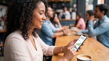 Mujer latinoamericana sonriente con cabello rizado interactúa con una app de banca fintech en su celular. Taza de café y personas borrosas se ven al fondo.