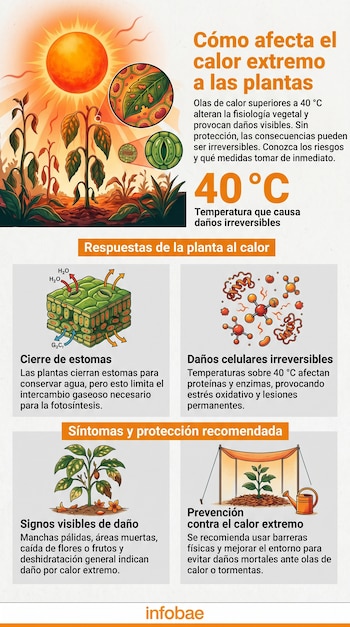 Infografía detallada sobre los efectos del calor extremo en las plantas: sol, plantas secas, diagramas de estomas y células dañadas, síntomas y protección.