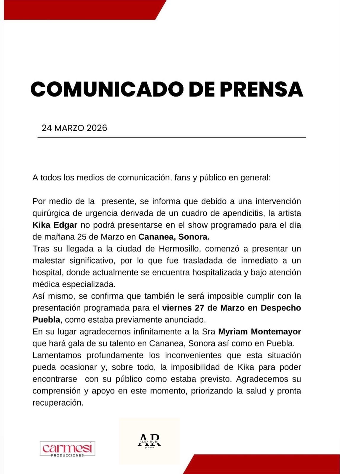 Un comunicado oficial confirmó que la artista permanece bajo supervisión médica especializada tras la cirugía de apendicitis. (Instagram)