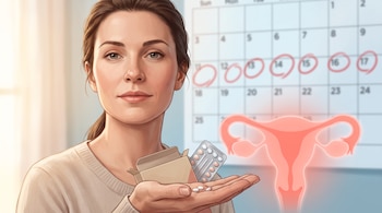 Una mujer sostiene comprimidos anticonceptivos en la mano junto a un calendario de pared y una figura del aparato reproductor.