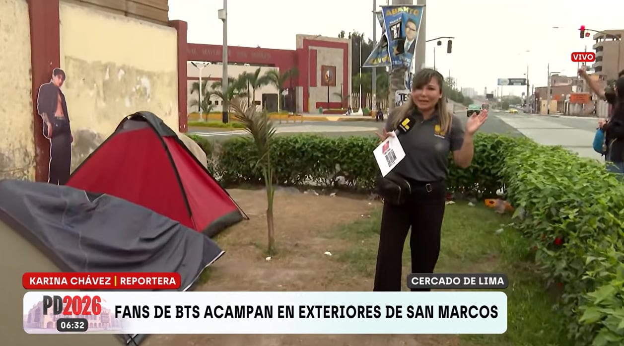 La reportera Karina Chávez informa sobre las carpas instaladas por seguidores de la banda BTS en los exteriores del Estadio San Marcos en Lima.