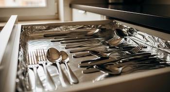 Vista de un cajón de cocina abierto forrado con papel de aluminio arrugado, mostrando una colección de tenedores, cucharas y cuchillos de metal.