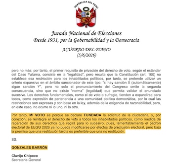 Primer plano de un documento oficial del Jurado Nacional de Elecciones con texto impreso, resaltando el nombre "GONZALES BARRÓN" al final
