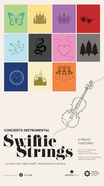 Póster de concierto instrumental Swiftie Strings con doce iconos temáticos, un violín dibujado y texto con fechas, horarios y ubicación en Lima