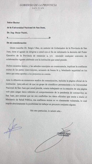La carta de Sergio Uñac