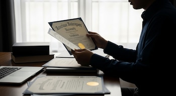 Silueta de una persona sentada frente a un escritorio, revisando diplomas de American Andragogy University y Atlantic International University; un portátil y libros están cerca.