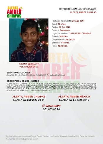 Alerta Amber para Ariana Scarlett Velázquez Cruz. (Captura de pantalla)