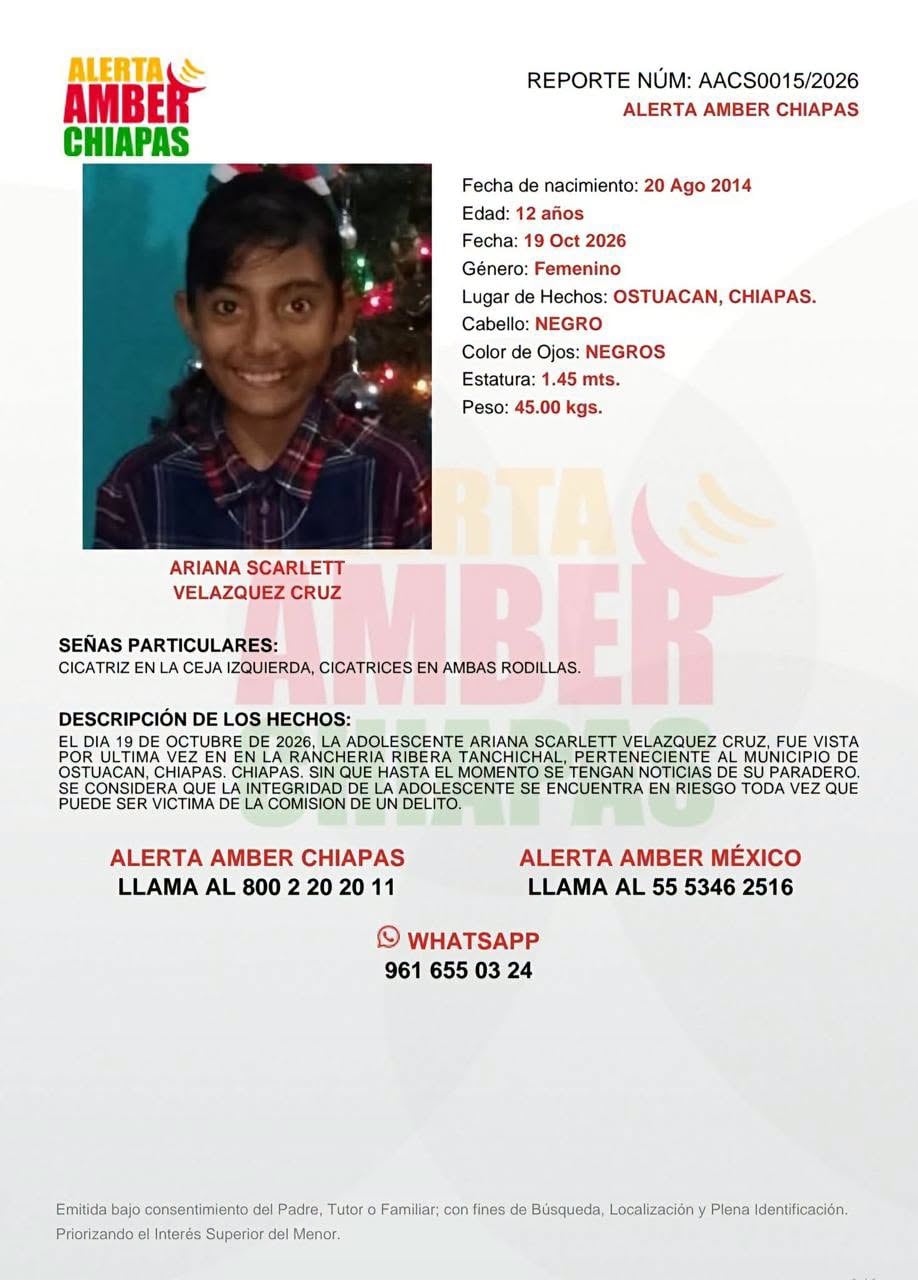 Alerta Amber para Ariana Scarlett Velázquez Cruz. (Captura de pantalla)