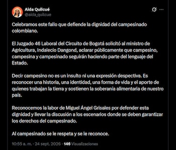 La exfórmula presidencial de Iván Cepeda sostuvo que nombrar a los productores rurales como campesinos reconoce su historia, su forma de vida y su aporte a la soberanía alimentaria nacional - crédito X