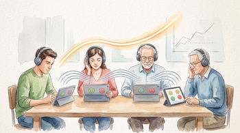 Cuatro personas con auriculares sentadas a una mesa frente a tabletas con íconos de caras sonrientes y tristes y ondas de sonido.