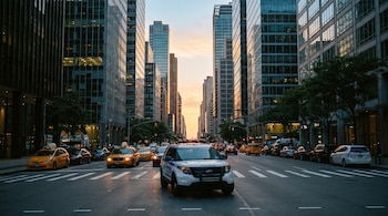 Una patrulla policial blanca en primer plano, coches y taxis amarillos en la calle, edificios modernos de cristal, cielo naranja al atardecer.