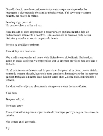 El documento publicado por la intérprete en sus plataformas digitales confirma la continuidad de sus presentaciones en vivo.
