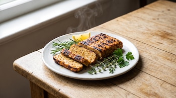 Rebanadas de tempeh a la parrilla emanando humo en un plato blanco con hierbas y un trozo de limón sobre mesa de madera.