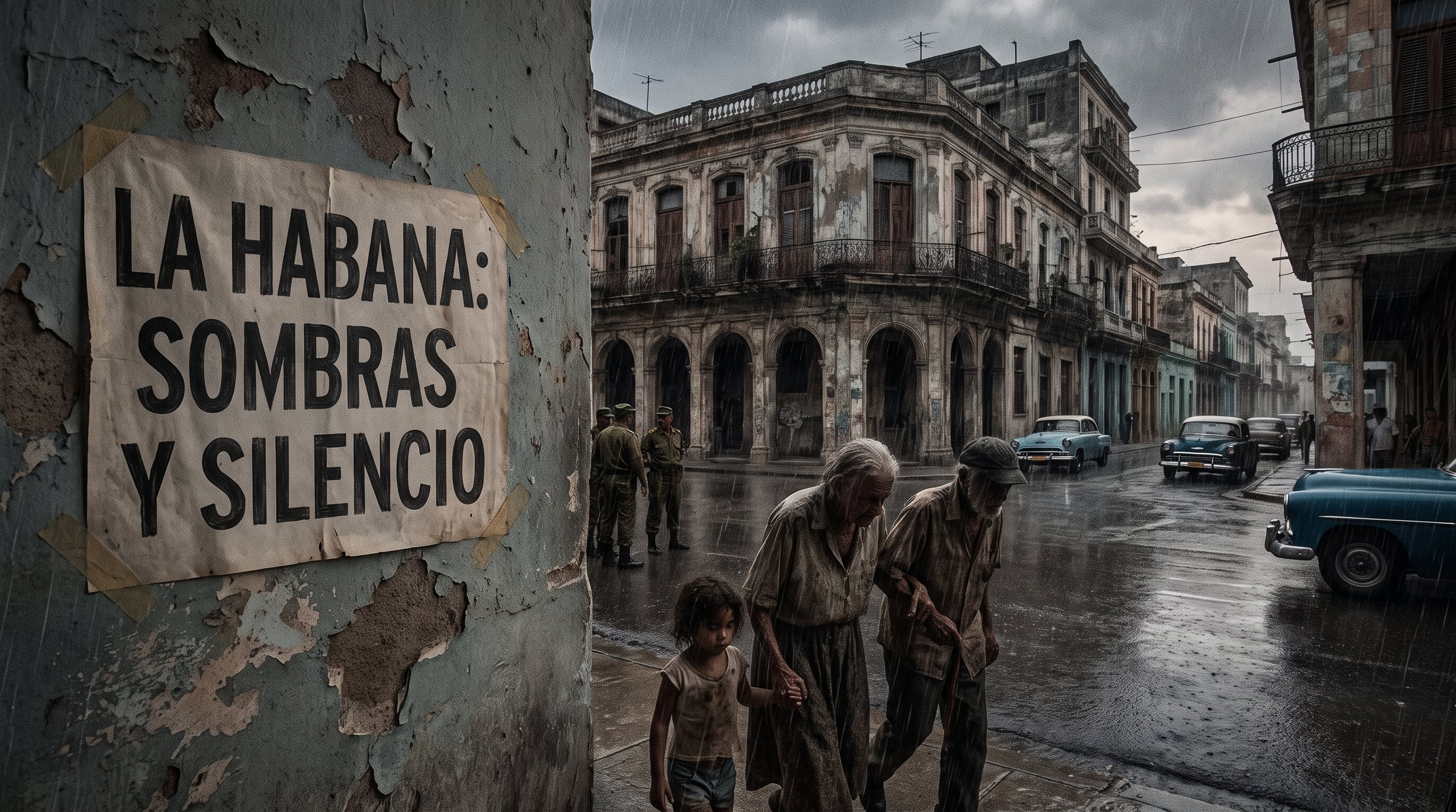 Una niña y dos ancianos caminan por una calle deteriorada de La Habana junto a un cartel con la leyenda «La Habana: sombras y silencio». (Imagen Ilustrativa Infobae)