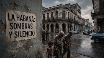 Una niña y dos ancianos caminan bajo la lluvia por una calle con autos antiguos, edificios deteriorados y un cartel en la pared.