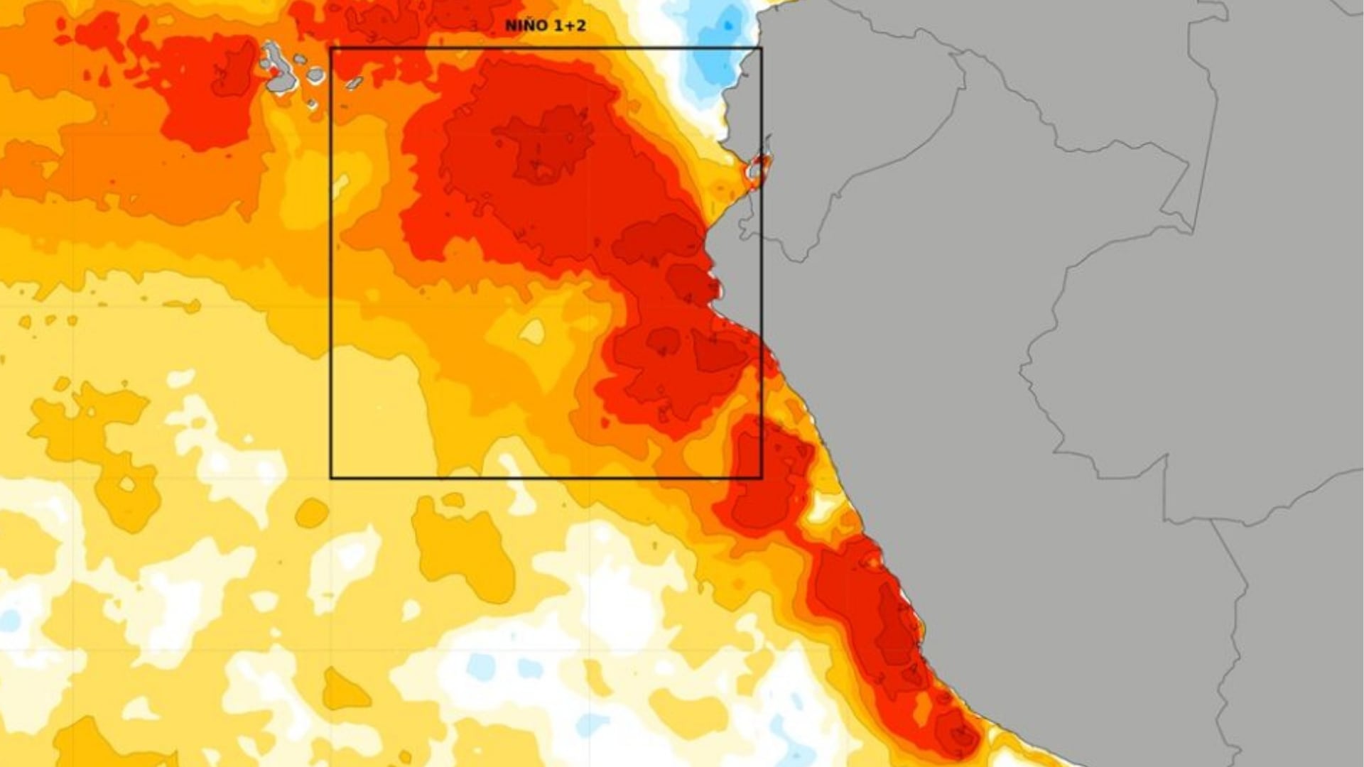 Un mapa térmico de la región Niño 1 y 2 señala el aumento de la temperatura en la superficie del océano Pacífico frente a las costas de Ecuador y Perú. (Agencia Andina)