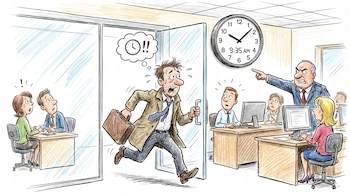 Ilustración de un hombre que corre a una oficina, llevando un maletín, con expresión de pánico. Un jefe enfadado le señala. Un reloj marca las 9:35 AM.