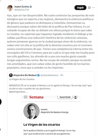 Isabel Zuleta se defendió de críticas de Alejandro de Bedout, que la llamó la Virgen de los sicarios - crédito @ISAZULETA/X