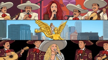 Ilustración de tres paneles: Shakira cantando con mariachis, el Ángel de la Independencia de la Ciudad de México y Shakira con sombrero.