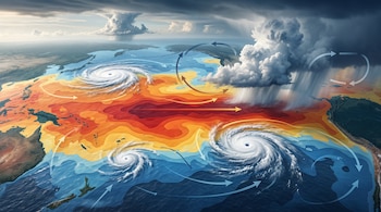 Mapa del océano con zonas rojas y azules de temperatura, ciclones nubosos, lluvia y flechas que indican corrientes.