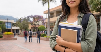Primer plano de una mujer joven con cabello oscuro, blusa blanca y camisa verde, que sostiene libros con una mano y lleva una mochila negra. Al fondo se observa un campus universitario con edificios y personas borrosas
