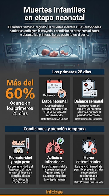 Infografía con el título Muertes infantiles en etapa neonatal, la figura de un bebé en incubadora e íconos informativos sobre las causas.
