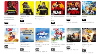 Cuadrícula de doce carátulas de videojuegos, incluyendo Cyberpunk 2077, Red Dead Redemption 2, Palworld, PGA TOUR 2K25 y Battlefield 6, con precios y descuentos