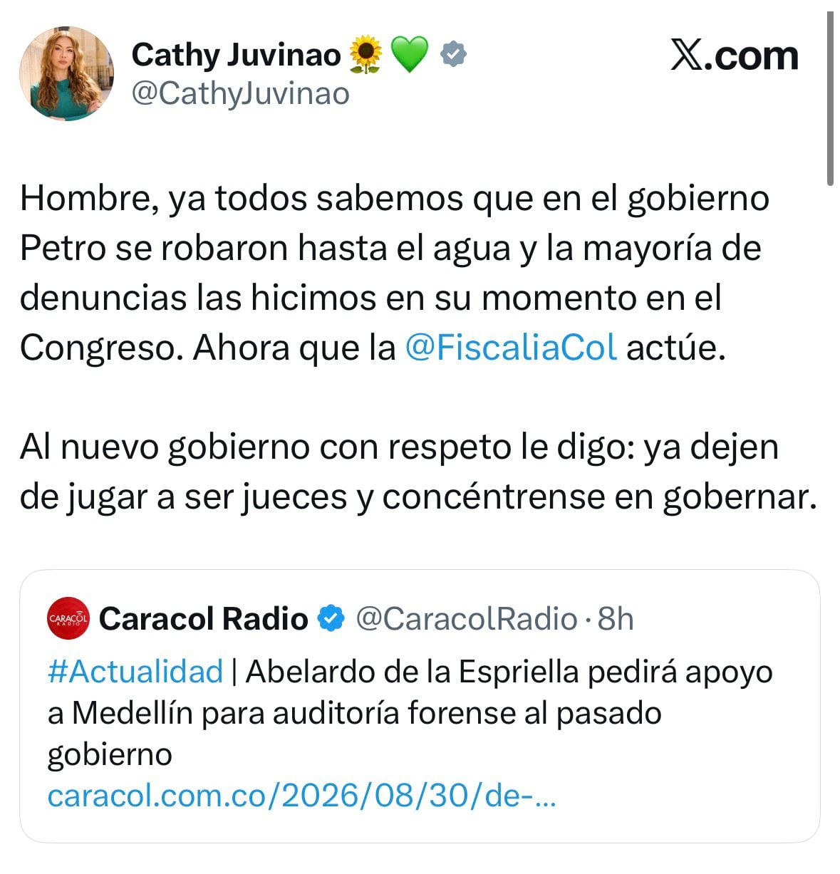 Juvinao pidió que las denuncias sobre el anterior gobierno sean investigadas por la Fiscalía y cuestionó al nuevo Ejecutivo por asumir funciones de juez -crédito @CathyJuvinao