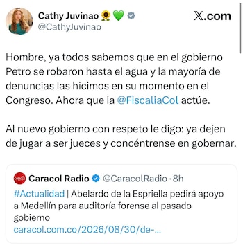 Juvinao pidió que las denuncias sobre el anterior gobierno sean investigadas por la Fiscalía y cuestionó al nuevo Ejecutivo por asumir funciones de juez -crédito @CathyJuvinao