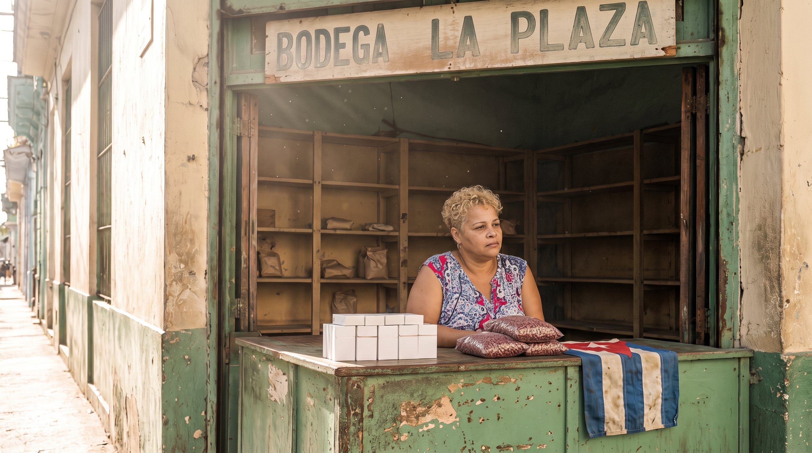 Una mujer permanece detrás del mostrador de una bodega llamada La Plaza, donde reposan paquetes de frijoles, cajetillas blancas y una bandera de Cuba. (Imagen Ilustrativa Infobae)