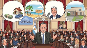 Ilustración: Jefe de Gabinete informa en Congreso. Burbujas: dinero, casas, playa, Sergio Massa. Javier y Karina Milei en ventana. Máximo Kirchner y Marcela Pagano, diputados.