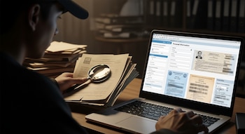 Un hombre con gorra, de espaldas, examina documentos con lupa y teclea en un portátil. La pantalla muestra formularios de información personal.