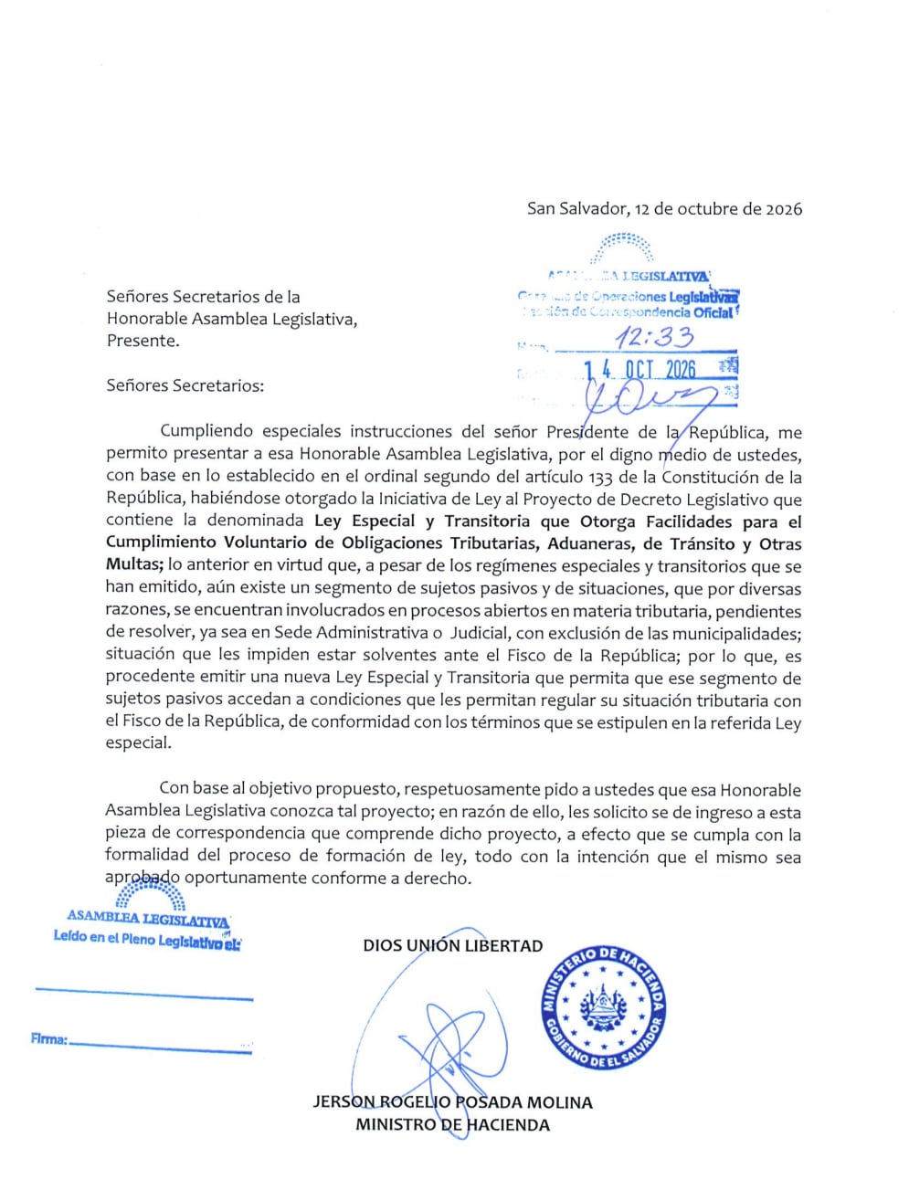 El Salvador estudia una ley transitoria para condonar multas, intereses y recargos tributarios. La imagen muestra la solicitud enviada por el ministro de Hacienda, Jerson Posada, a la Asamblea Legislativa salvadoreña.